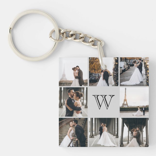 Monogram Photo Collage Grey Keychain (Front)