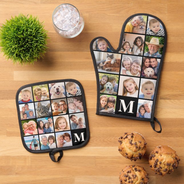 Monogram Photo Collage Mitt 13 Potholder 15 Oven Mitt & Pot Holder Set (Top Down)