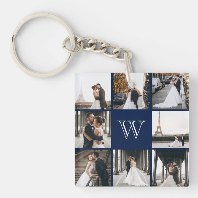 Monogram Photo Collage Navy Blue Keychain (Front)