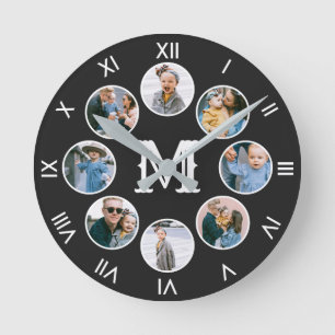 Monogram Photo Collage Roman Numbers Round Clock