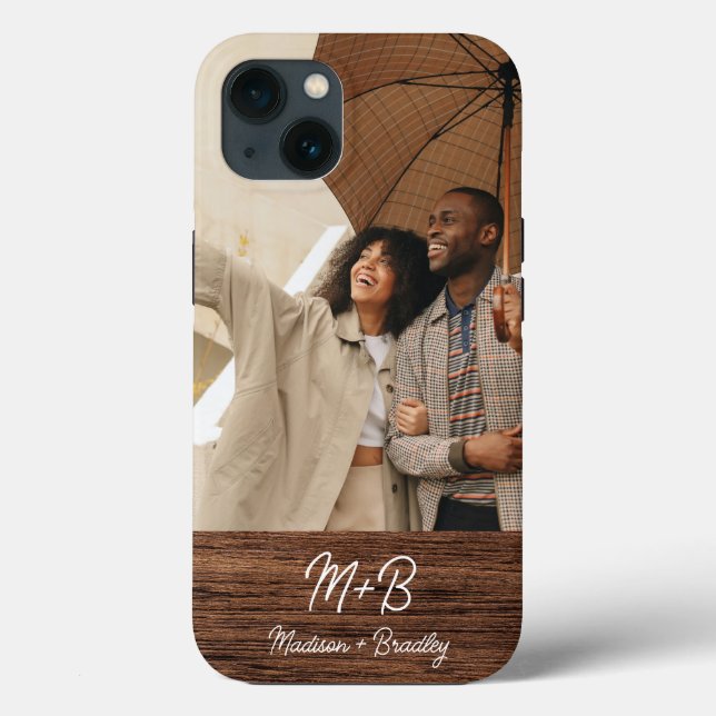 Monogram Photo Couple Wood Personalized Name Case-Mate iPhone Case (Back)
