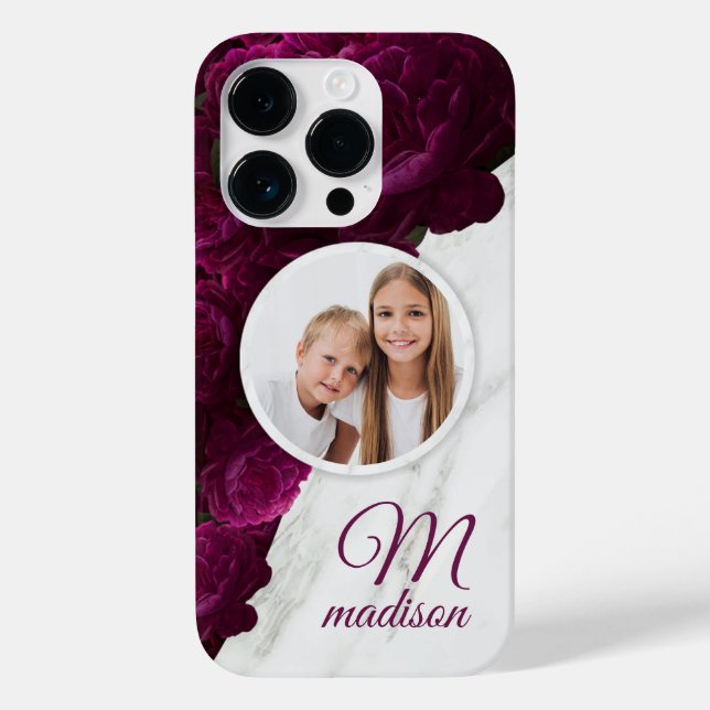Monogram Photo Modern Floral Marble Custom Name Case-Mate iPhone Case (Back)