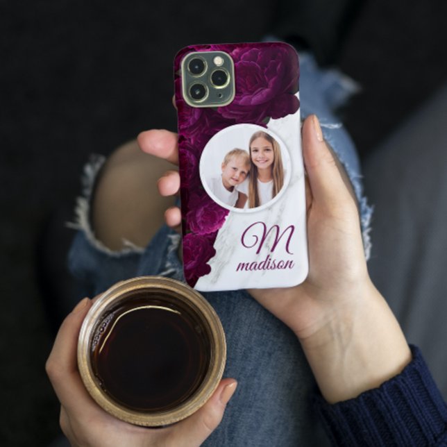 Monogram Photo Modern Floral Marble Custom Name Case-Mate iPhone Case (Creator Uploaded)
