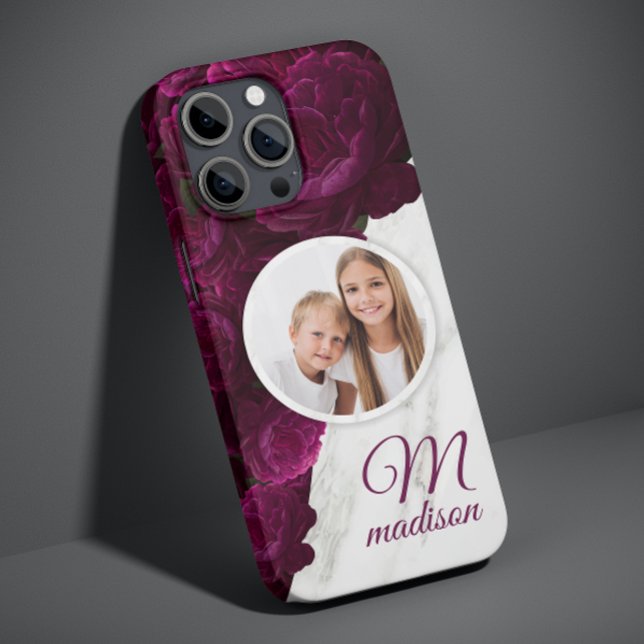 Monogram Photo Modern Floral Marble Custom Name Case-Mate iPhone Case (Creator Uploaded)