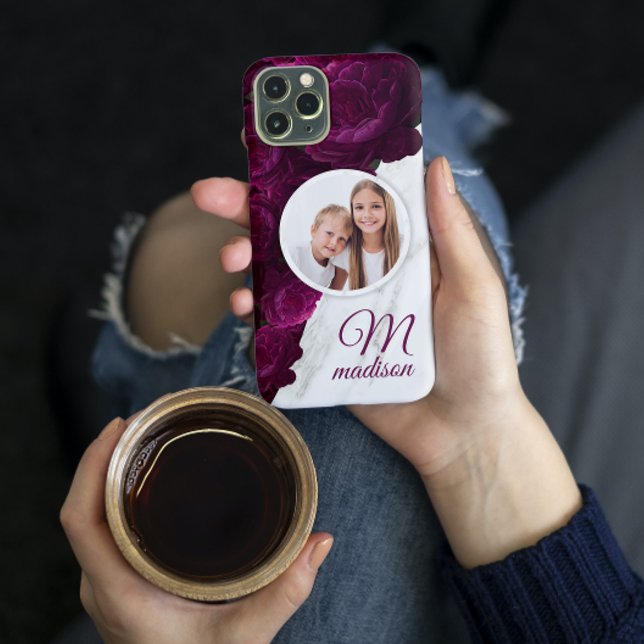 Monogram Photo Modern Floral Marble Custom Name Case-Mate iPhone Case (Creator Uploaded)