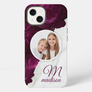 Monogram Photo Modern Floral Marble Custom Name iPhone 13 Case