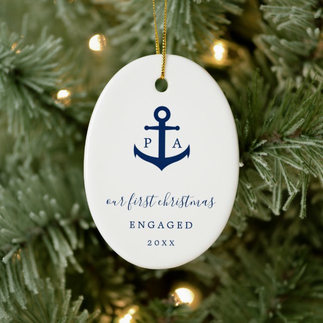 Monogram Photo Nautical First Christmas Engaged Ceramic Ornament (Tree)