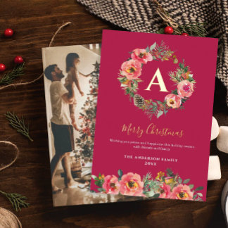 Monogram Photo Red Botanical Wreath Christmas Foil Holiday Card