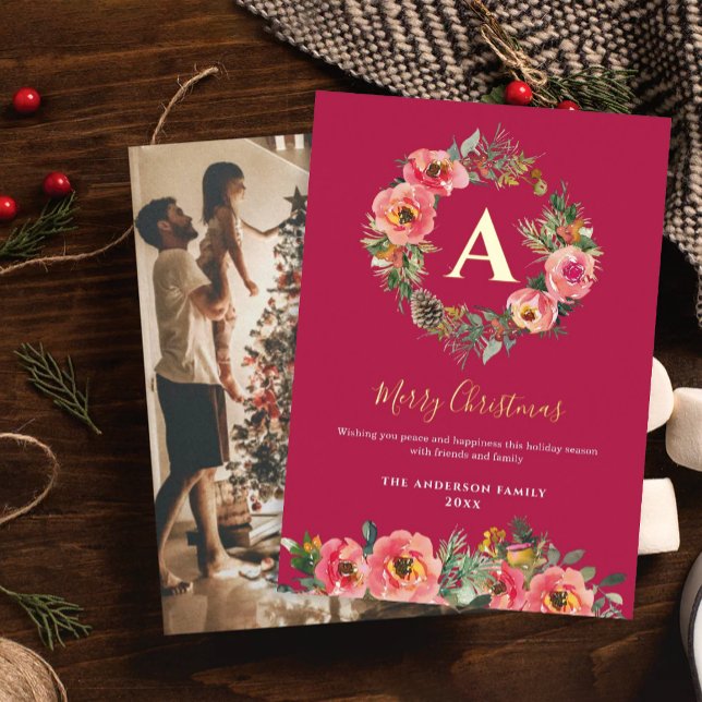 Monogram Photo Red Botanical Wreath Christmas  Foil Holiday Card (Creator Uploaded)