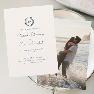 Monogram Photo Save the Date Wedding Navy Cream Invitation