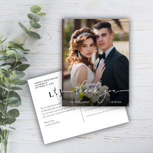 Monogram Photo Script Wedding Thank You Postcard