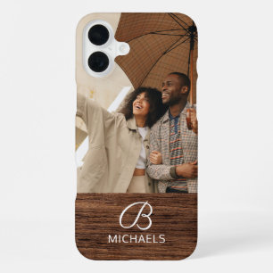 Monogram Photo Wood Grain Timber Personalized Name iPhone 16 Plus Case