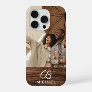 Monogram Photo Wood Grain Timber Personalized Name iPhone 15 Pro Case