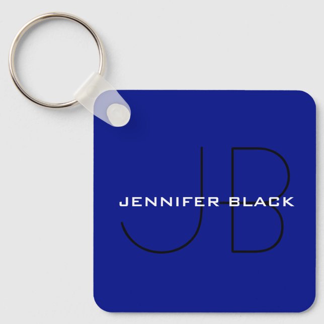 Monogram Phthalo Blue Minimalist Modern Name Keychain (Front)