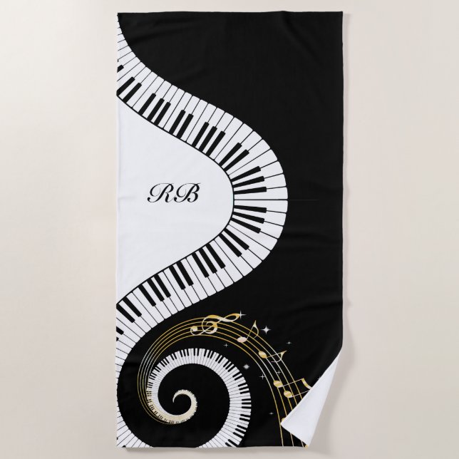 Monogram Piano Keys and Musical Notes Beach Towel (Front)
