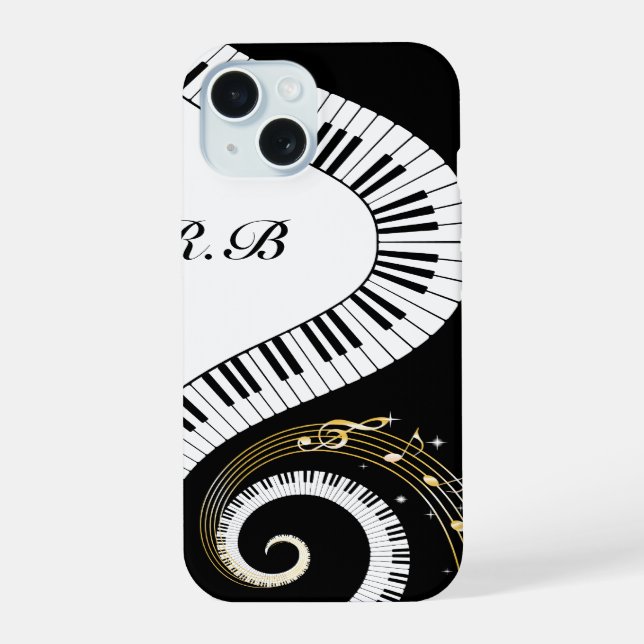 Monogram Piano Keys and  Musical Notes iPhone 15 Case (Back)