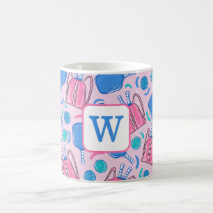 Monogram Pickleball Paddles and Balls Pink Preppy Coffee Mug