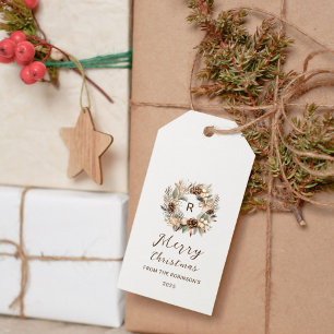 Monogram Pinecone & Sage Green Wreath Holiday Gift Tags