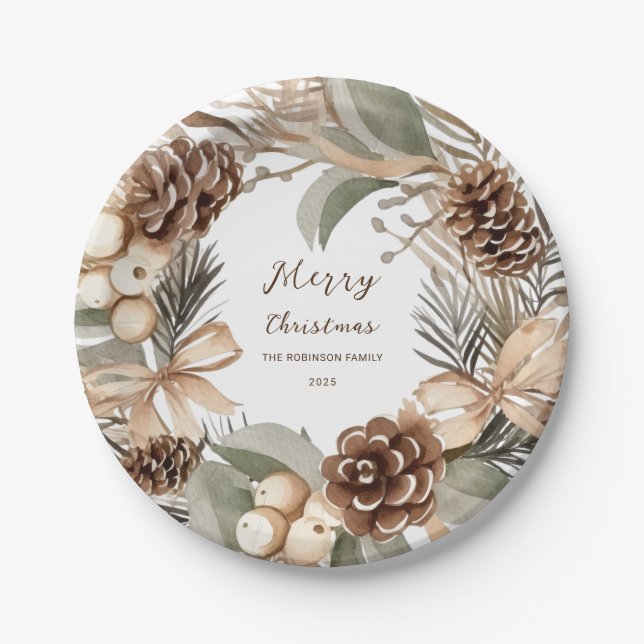 Monogram Pinecone Winter Wreath  Merry Christmas Paper Plate (Front)
