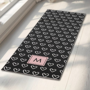 Monogram Pink and Black Heart Pattern Yoga Mat
