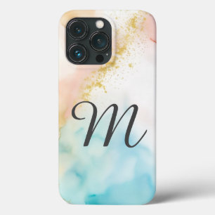 Monogram Pink and Blue Marbled With Faux Glitter iPhone 13 Pro Case