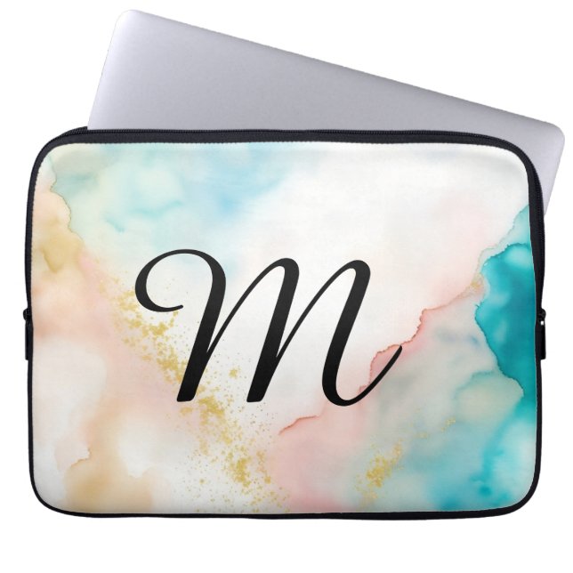 Monogram Pink and Blue Marbled With Faux Glitter Laptop Sleeve (Front)
