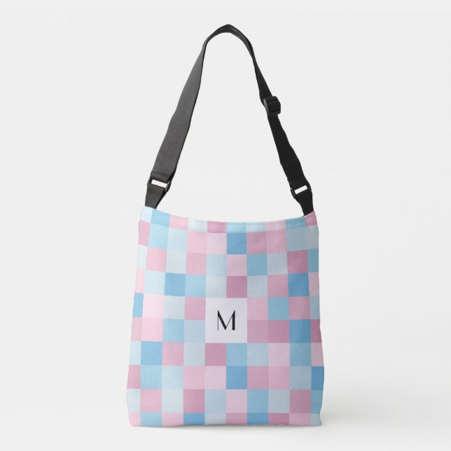 Monogram Pink and Blue Squares Cross Body Bag (Front)