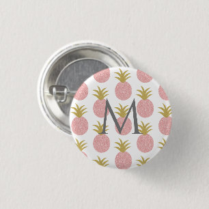 Monogram Pink and Gold Glitter Pineapple 1 Inch Round Button