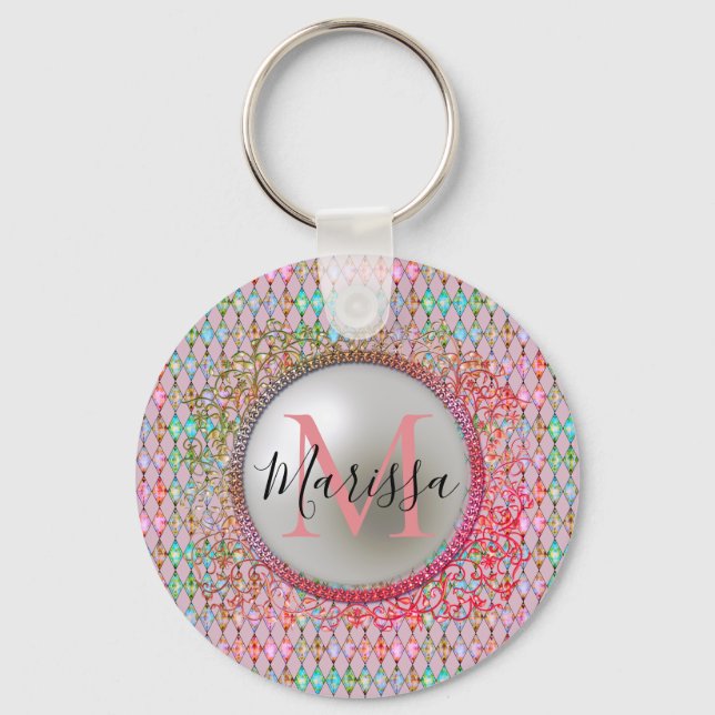 Monogram Pink and Green Harlequin  Keychain (Front)