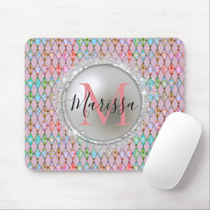 Monogram Pink and Green Harlequin   Mouse Pad