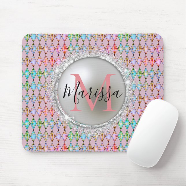Monogram Pink and Green Harlequin   Mouse Pad (With Mouse)