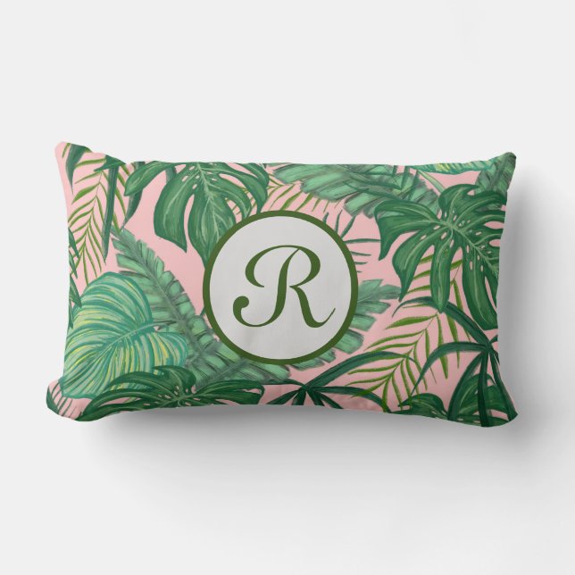 Monogram pink and green leaf pillow (Front)