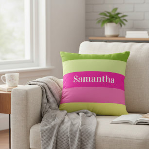 Monogram Pink and Green Striped Colour Block Throw Pillow