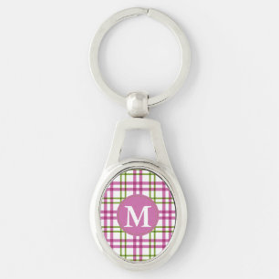 Monogram Pink and Green Tartan Pattern Keychain