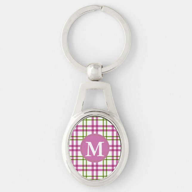 Monogram Pink and Green Tartan Pattern Keychain (Front)
