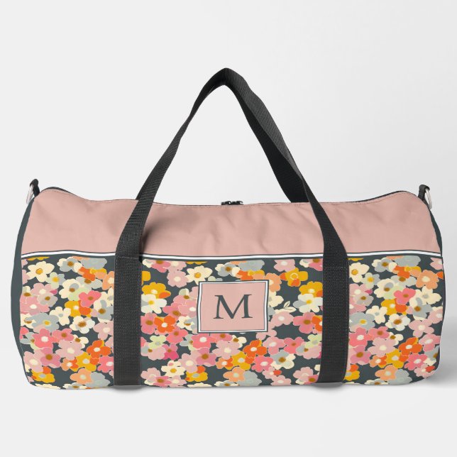 Monogram Pink and Grey Floral Initial Large Duffle Bag (Front)