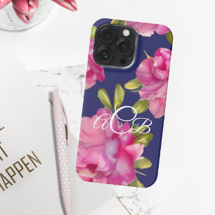 Monogram Pink and Navy Watercolor Flowers  iPhone 13 Pro Case