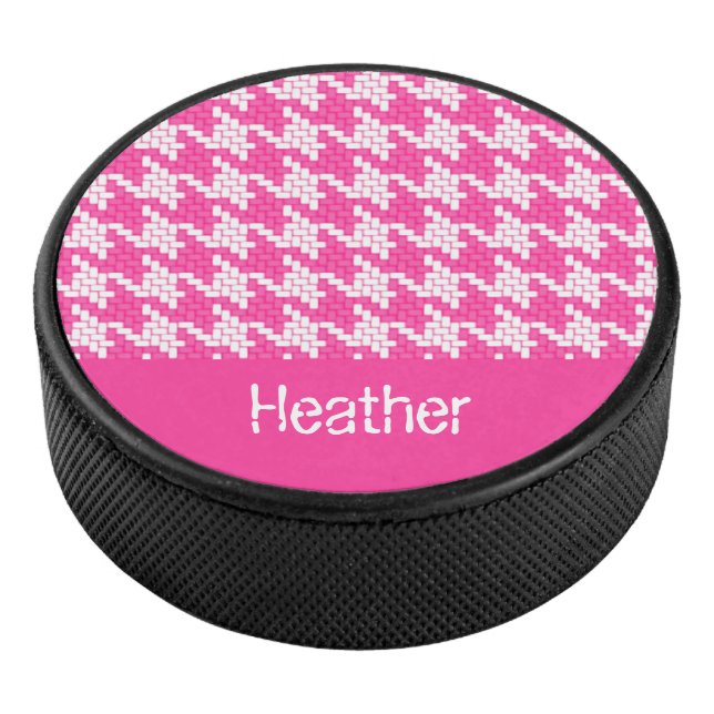 Monogram pink and white houndstooth pattern  hockey puck (3/4)