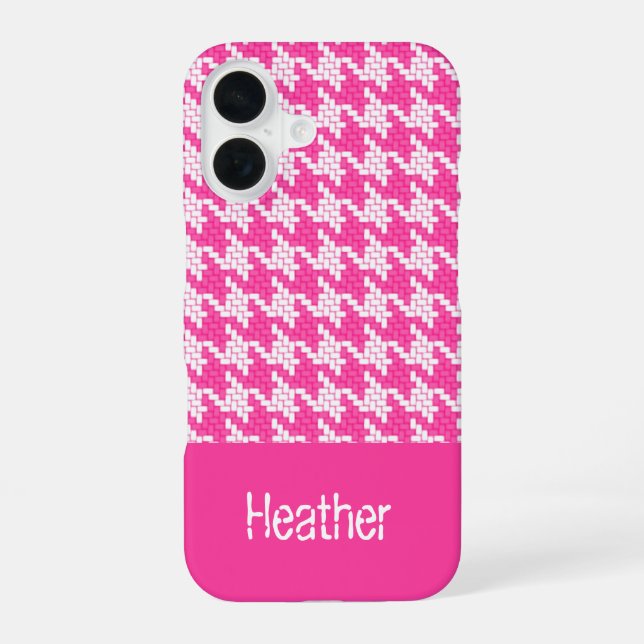 Monogram pink and white houndstooth pattern  iPhone 16 case (Back)
