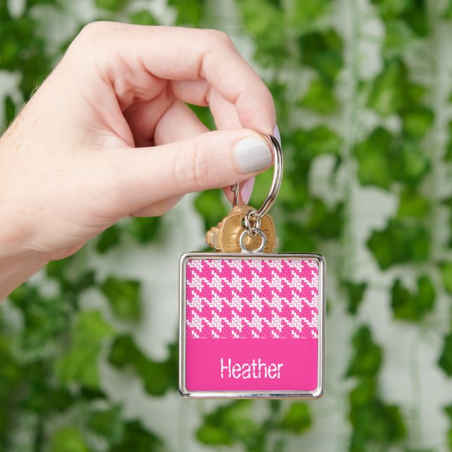 Monogram pink and white houndstooth pattern  keychain (Hand)