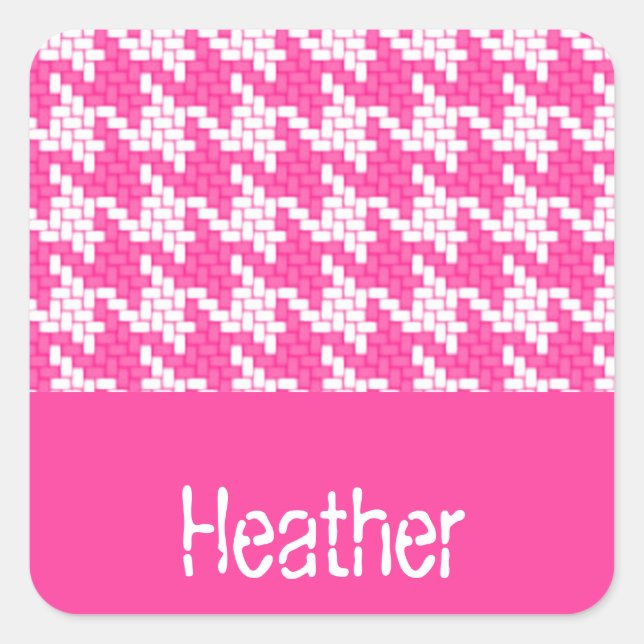 Monogram pink and white houndstooth pattern  square sticker (Front)