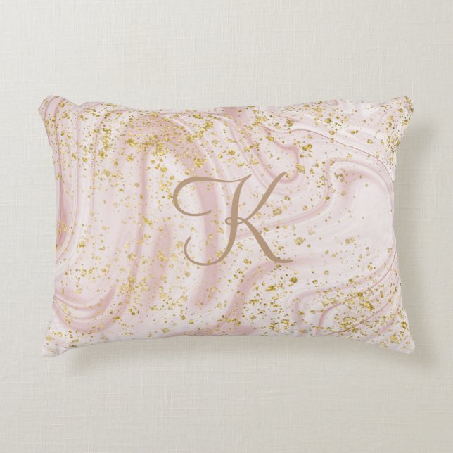 Monogram Pink and White Marble Swirl Gold Glitter Accent Pillow (Front)