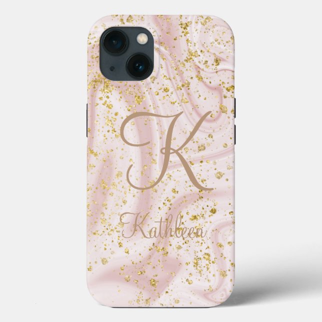 Monogram Pink and White Marble Swirl Gold Glitter Case-Mate iPhone Case (Back)