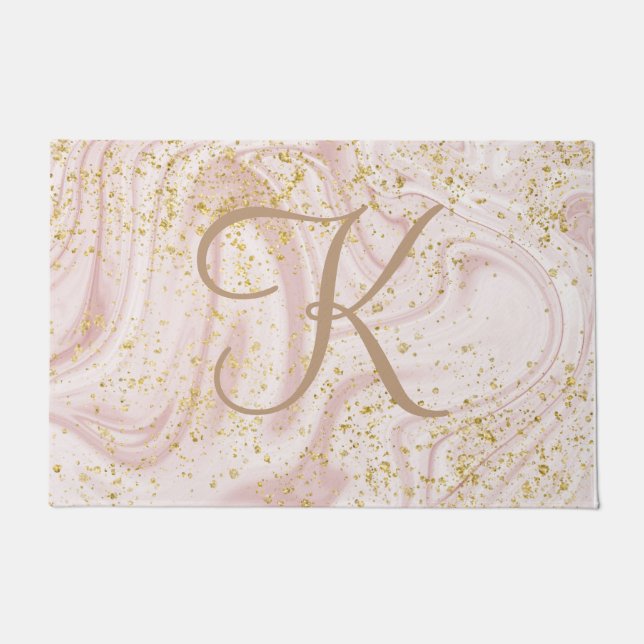 Monogram Pink and White Marble Swirl Gold Glitter Doormat (Front)
