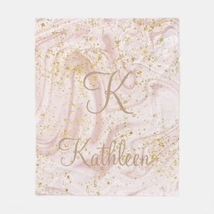 Monogram Pink and White Marble Swirl Gold Glitter Fleece Blanket