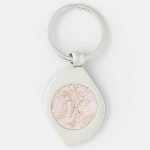 Monogram Pink and White Marble Swirl Gold Glitter Keychain