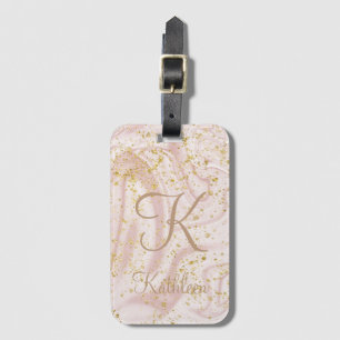 Monogram Pink and White Marble Swirl Gold Glitter  Luggage Tag