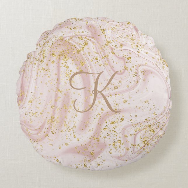 Monogram Pink and White Marble Swirl Gold Glitter  Round Pillow (Front)