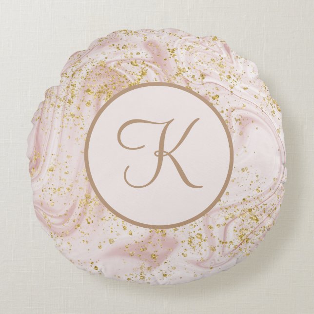 Monogram Pink and White Marble Swirl Gold Glitter  Round Pillow (Front)