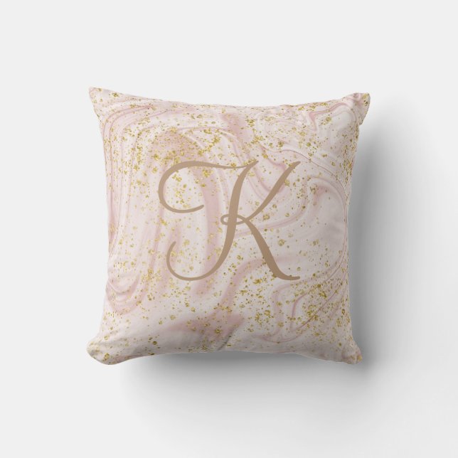 Monogram Pink and White Marble Swirl Gold Glitter  Throw Pillow (Front)